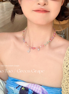 夏季彩色多巴胺水晶蝴蝶项链2024新款爆款甜酷锁骨链女高级感颈链