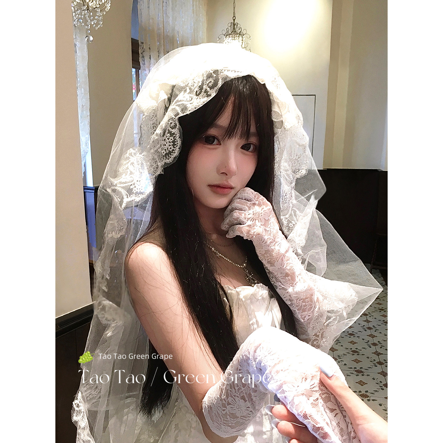 法式洛丽塔Lolita白色蕾丝头纱女新娘优雅高级感万圣节cos头饰