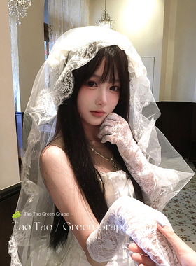 法式洛丽塔Lolita白色蕾丝头纱女新娘优雅高级感万圣节cos头饰