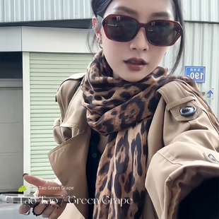 棕色豹纹长条丝巾系脖女2025新款薄款高级感围脖仿羊绒围巾冬加厚