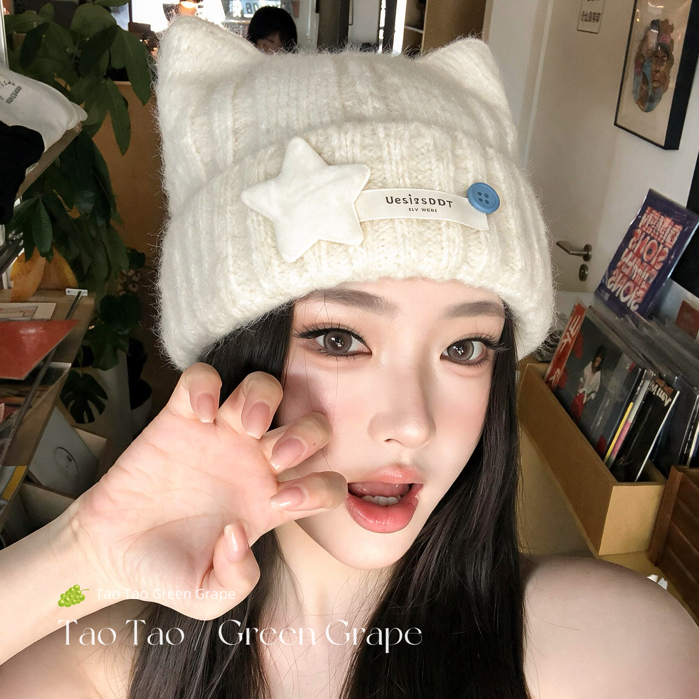 可爱白色星星猫耳朵针织毛线帽女秋冬加厚保暖毛绒冷帽显脸小帽子