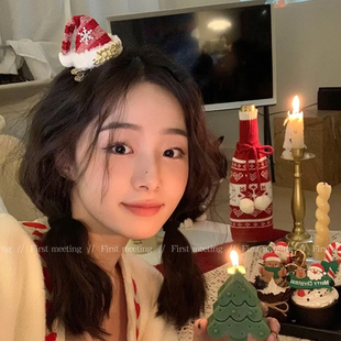 可爱红色圣诞帽发夹少女星星边夹小熊发箍头饰头箍拍照道具发卡子