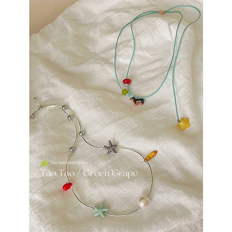 可爱卡通腊肠狗海星彩色串珠项链女夏2025新款珍珠颈链锁骨链配饰