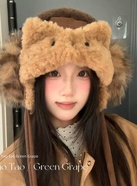 咖色可爱小猫耳朵毛绒帽子女冬季护耳雷锋帽加厚保暖东北防寒帽子