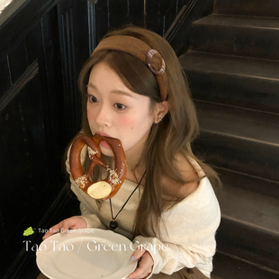 韩系美拉德咖色圆环宽边发箍女2025新款 日常外带秋冬高颅顶头箍饰