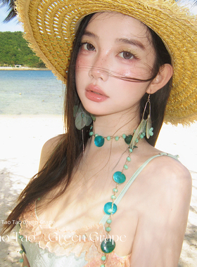 人鱼梦境不规则蓝色贝壳项链波