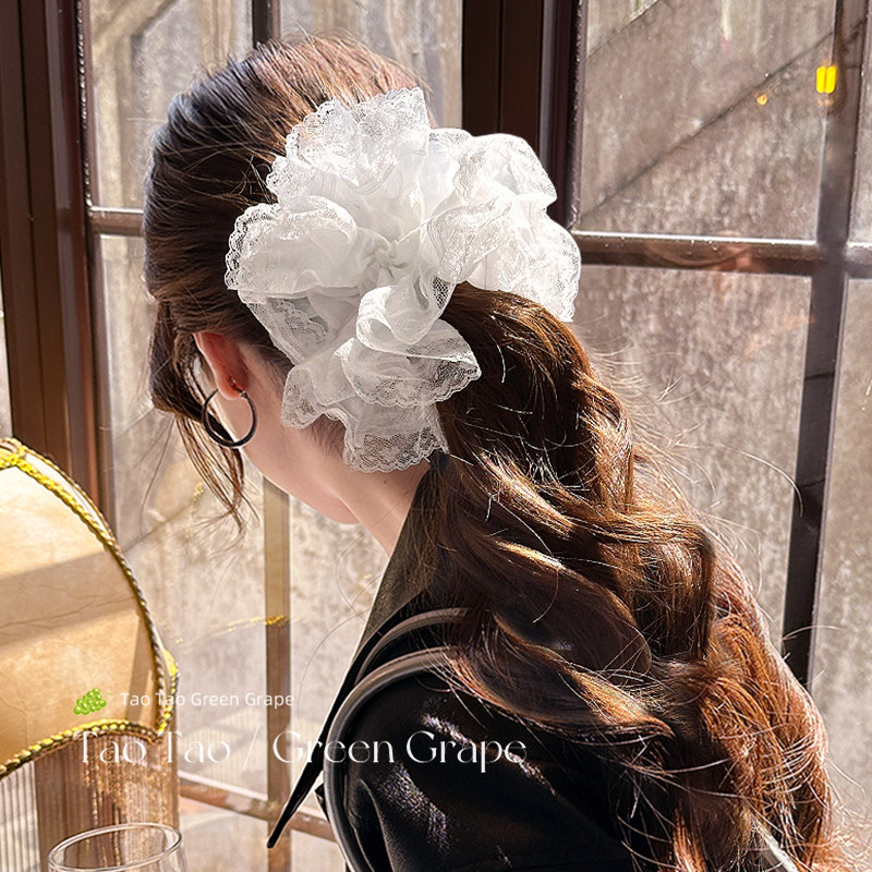 气质法式超大大肠发圈女白色蕾丝高级感韩系头饰扎马尾麻花辫头绳