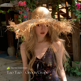 法式田园风度假大帽檐拉菲草帽女夏海边沙滩遮阳防晒帽太阳帽子