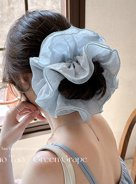 蓝色花边褶皱大肠发圈超大韩系发绳女法式头绳2025新款扎头发皮筋