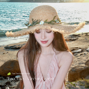 度假风花朵编织草帽女夏海边大帽檐显脸小渔夫帽沙滩田园遮阳帽子