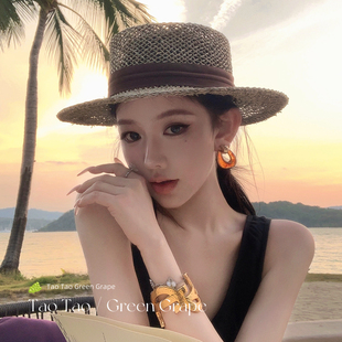 法式 老钱风镂空平顶草帽女夏海边沙滩防晒帽子遮阳帽度假风礼帽