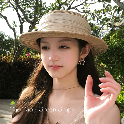 法式平顶草帽女夏2026新款大头围遮阳防晒帽子海边沙滩度假风礼帽