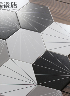 黑白灰色六角瓷砖 餐厅地砖洗手间六边形线条花砖背景墙砖200*230
