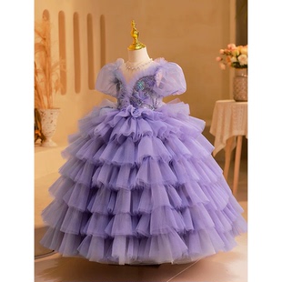 女童紫色礼服公主裙生日宴主持钢琴演出服蛋糕裙蓬蓬纱裙大童走秀