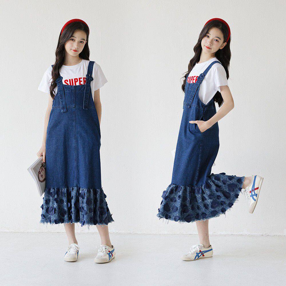 女童牛仔背带裙连衣裙夏季鱼尾长裙连衣裙大童牛仔套裙洋气漂亮潮