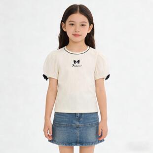 女童泡泡袖短袖T恤夏季圆领蝴蝶结学院打底衫卡通上衣蓬蓬网纱袖