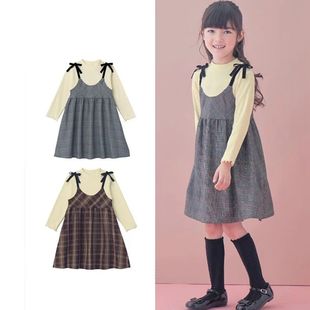 女童假两件连衣裙秋冬款加厚吊带蝴蝶结甜美裙子中大童格子亲子装