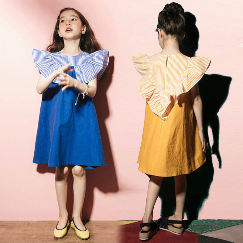 女童连衣裙夏装条纹拼接裙子中大童飞袖宽松娃娃裙纯棉公主裙时髦