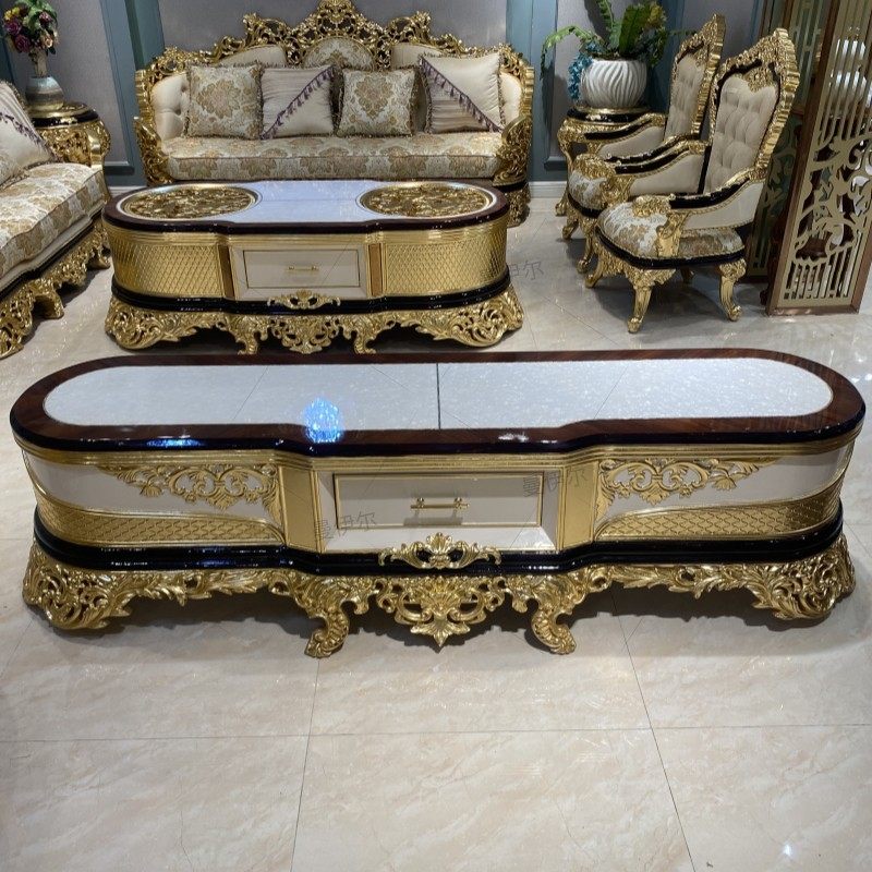 法式复古宫廷风榉木实木雕花电视柜欧式别墅客厅奢华金箔电视柜