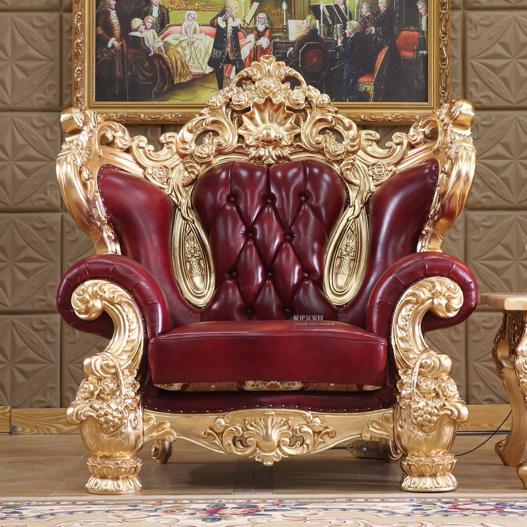 欧式真皮沙发奢华组合实木雕刻高档酒店别墅会所家具香槟色金箔