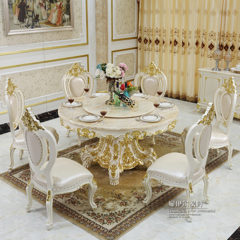 欧式实花餐桌奢华餐厅家具高档天然玉石转盘圆桌大理石饭桌