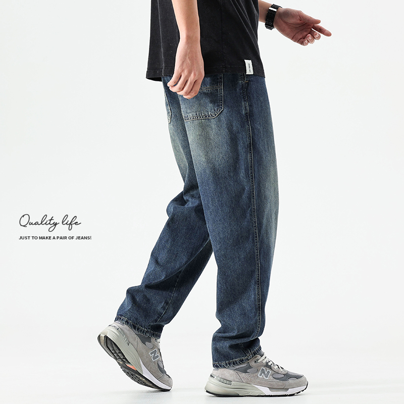 7号仓库昱本男装秋冬新款新潮美式男款宽松加绒锥形小直筒牛仔裤