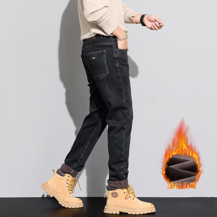 7号仓库昱本男装冬季厚绒植绒微锥小直筒牛仔裤弹力长裤