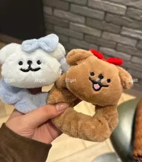 线条小狗蓝色蝴蝶结秋冬毛绒大肠发圈日韩少女扎头皮筋马尾发绳~