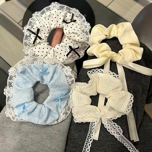 韩系奶油波点大肠发圈蕾丝飘带蝴蝶结花边头绳发绳芭蕾少女发饰