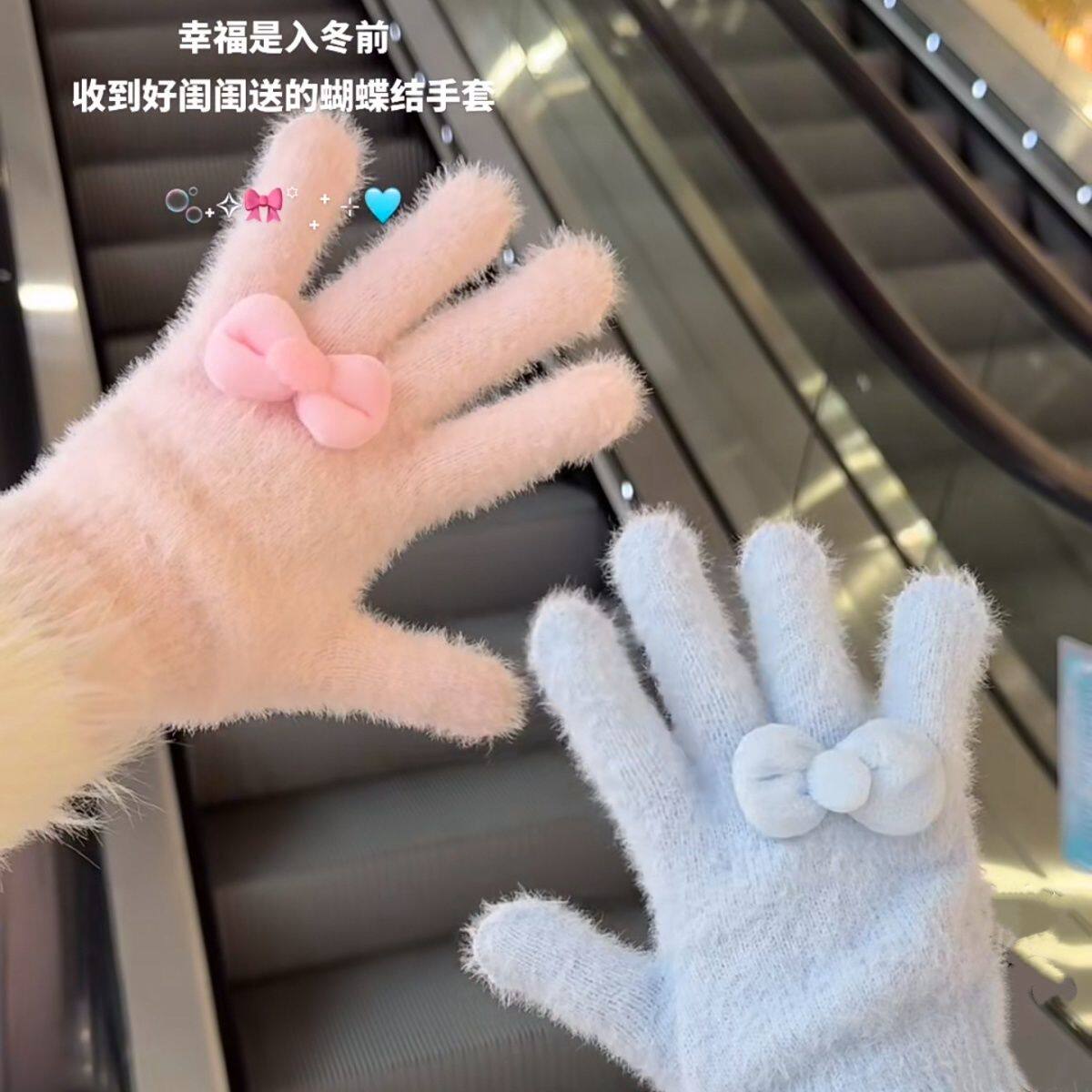 新款公主风蝴蝶结手套冬季甜美少女五指可爱加厚保暖毛绒学生骑车,居家日用,保暖手套,淘宝优惠券,粉丝福利购,淘宝优惠卷