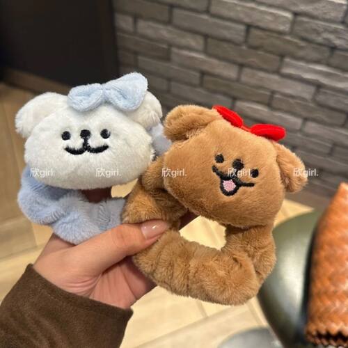线条小狗蓝色蝴蝶结秋冬毛绒大肠发圈日韩少女扎头皮筋马尾发绳