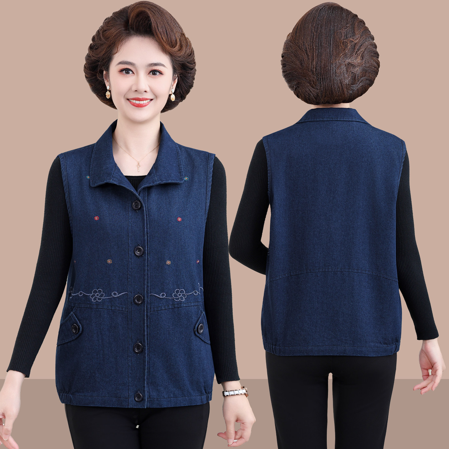 纯棉牛仔马甲女春秋季新款洋气中老年坎肩背心上衣妈妈装马夹外穿