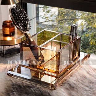 轻奢水晶玻璃桌面杂物收纳盒客厅遥控器收纳桶化妆品梳子置物架
