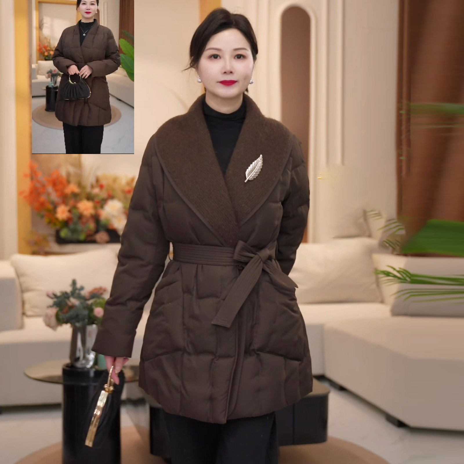 江南气质时尚翻领可拆卸中老年常规款90白鹅绒中长款羽绒服