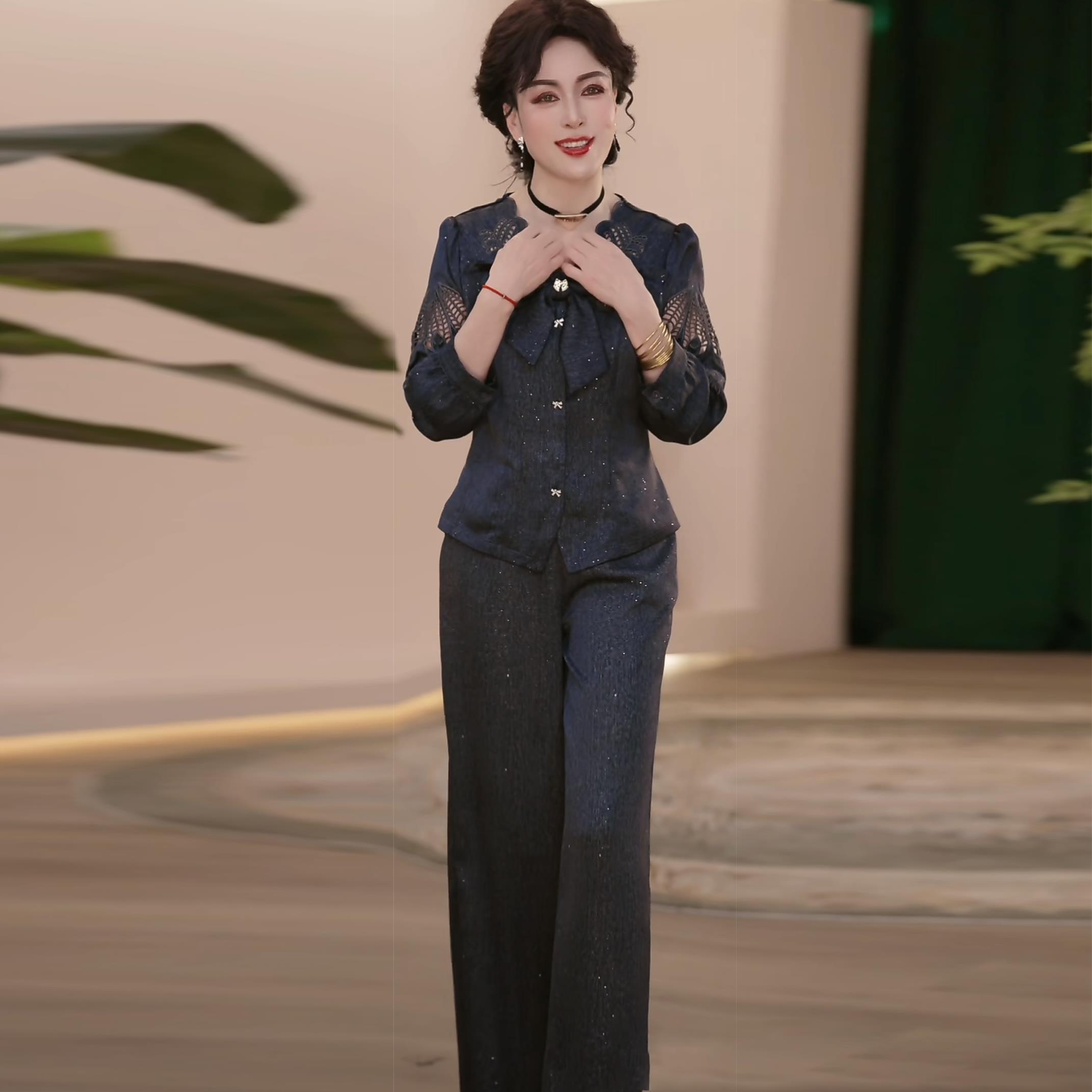2025新款春夏妈妈装时尚长袖套装洋气中年女装气质上衣裤子两件套