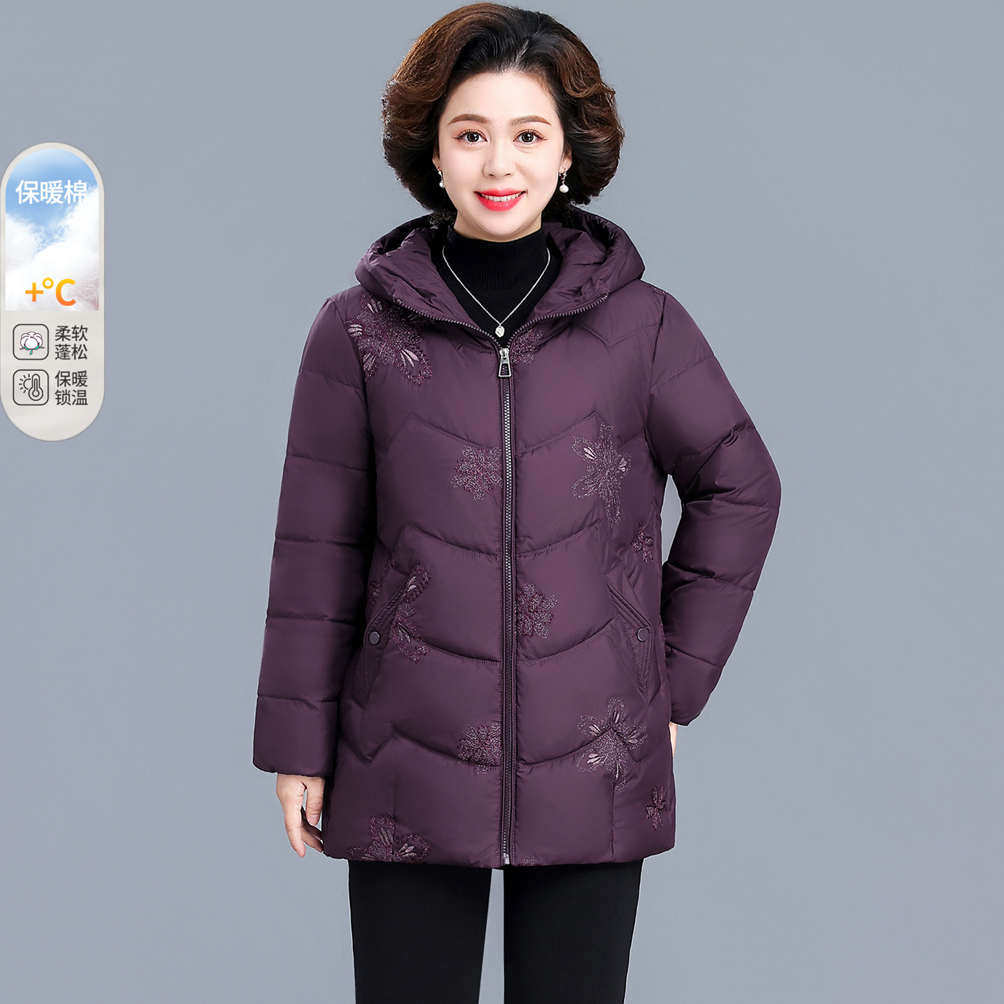 中年妈妈冬装羽绒棉服中长款时尚棉衣外套中老年人秋冬保暖棉袄女