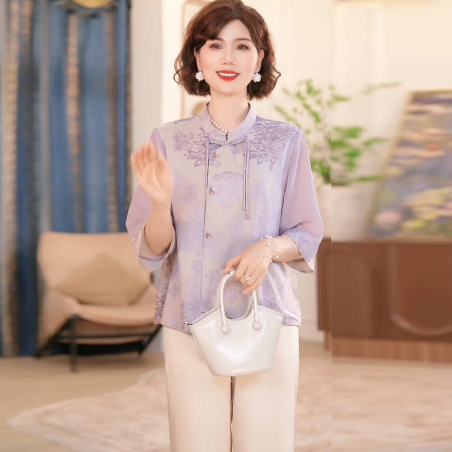 中年妈妈夏装长袖t恤洋气套装2025新款上衣服中老年女装衬衣套装