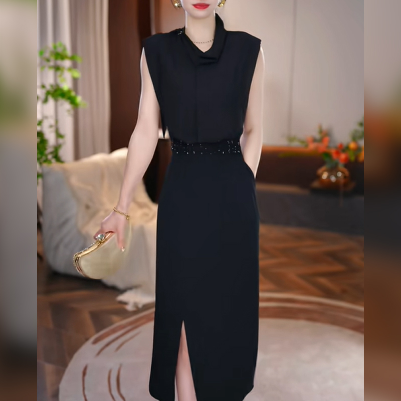 金喜法式拼接黑色连衣裙女夏2025新款收腰轻奢御姐范名媛风a字裙