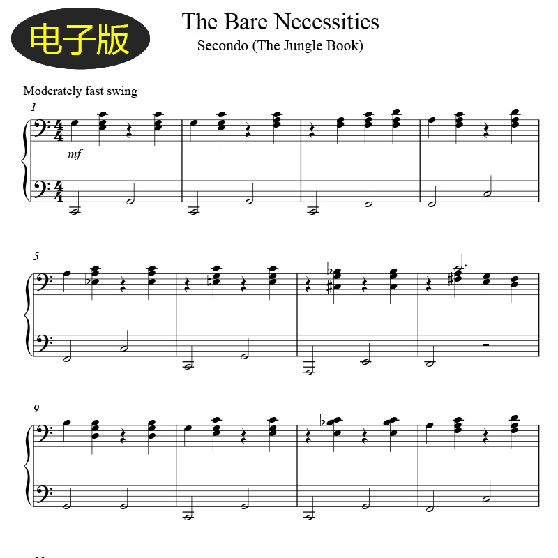 高清The Bare Necessities电影奇幻森林 插曲四手联弹钢琴谱 f524