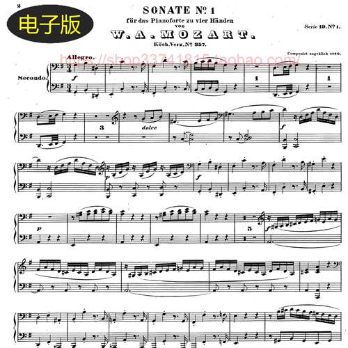 德国大熊版 莫扎特G大调快板K.357 497a-四手联弹钢琴谱-分谱古典