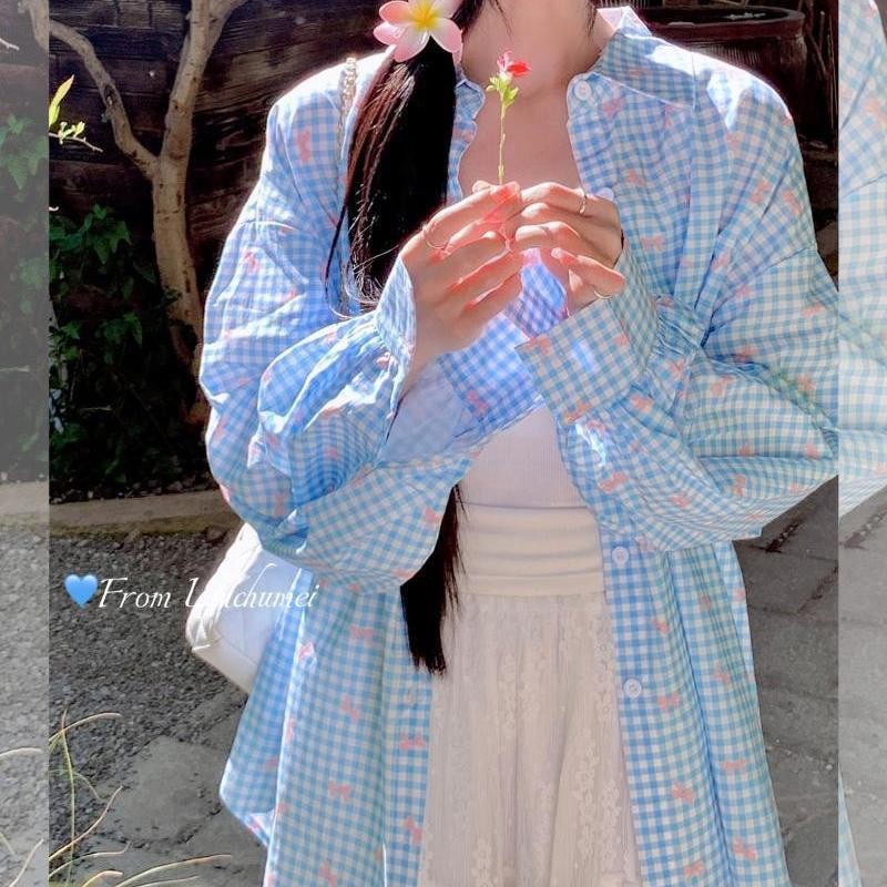 格子衬衫女春夏季韩系薄款开衫蝴蝶结防晒上衣
