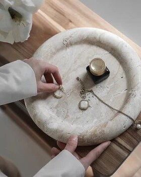 天然大理石托盘设计师艺术摆件收纳盘高档洞石香薰托盘装饰摆件