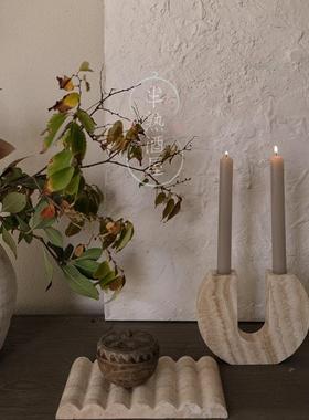 天然黄洞石烛台摆件极简大理石复古蜡烛样板间浪漫氛围装饰品摆设