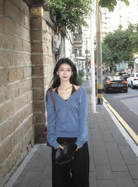 7Shiftin 原创新款设计感美式辣妹蓝色毛衣小众针织打底衫上衣女