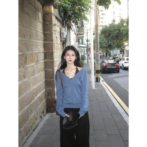 7shiftin美式辣妹蓝色毛衣