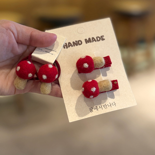 羊毛毡立体蘑菇发夹发圈宝宝包布夹不伤发胎毛夹女童新年红色头绳