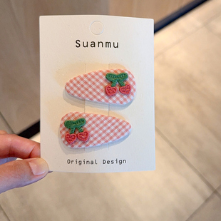 可爱格子韩系儿童发夹甜美樱桃女孩BB夹发卡女童布艺刘海夹子头饰