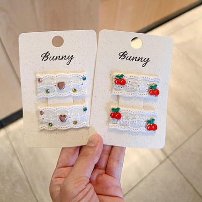 小清新米色发夹儿童蕾丝蝴蝶结樱桃刺绣水钻女童宝宝发卡刘海边夹