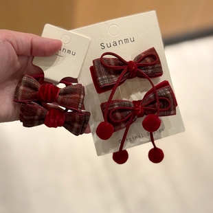 毛球流苏丝绒蝴蝶结红色发夹女童新年发饰儿童公主双马尾发圈头饰