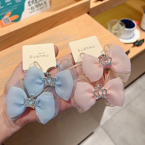 公主儿童皇冠发饰宝宝头饰女童双层蝴蝶结纱发圈丸子头双马尾皮筋